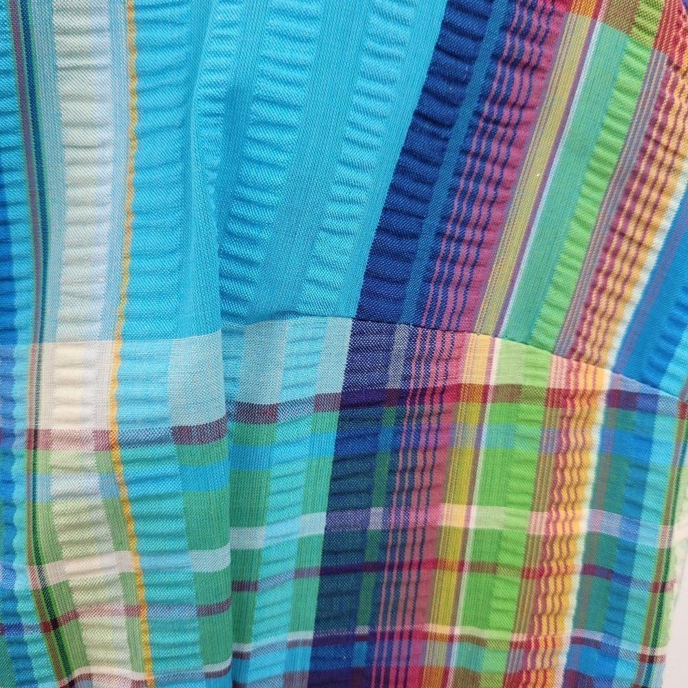 Vtg 70s Cottage Dopamine Rainbow Plaid Tie Waist Maxi Dress Sz M Textured Cotton - Picture 3 of 11